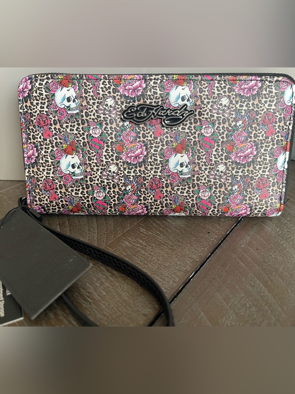 Ed Hardy Multicolor Leopard Skull & Rose Wrist Zip Wallet